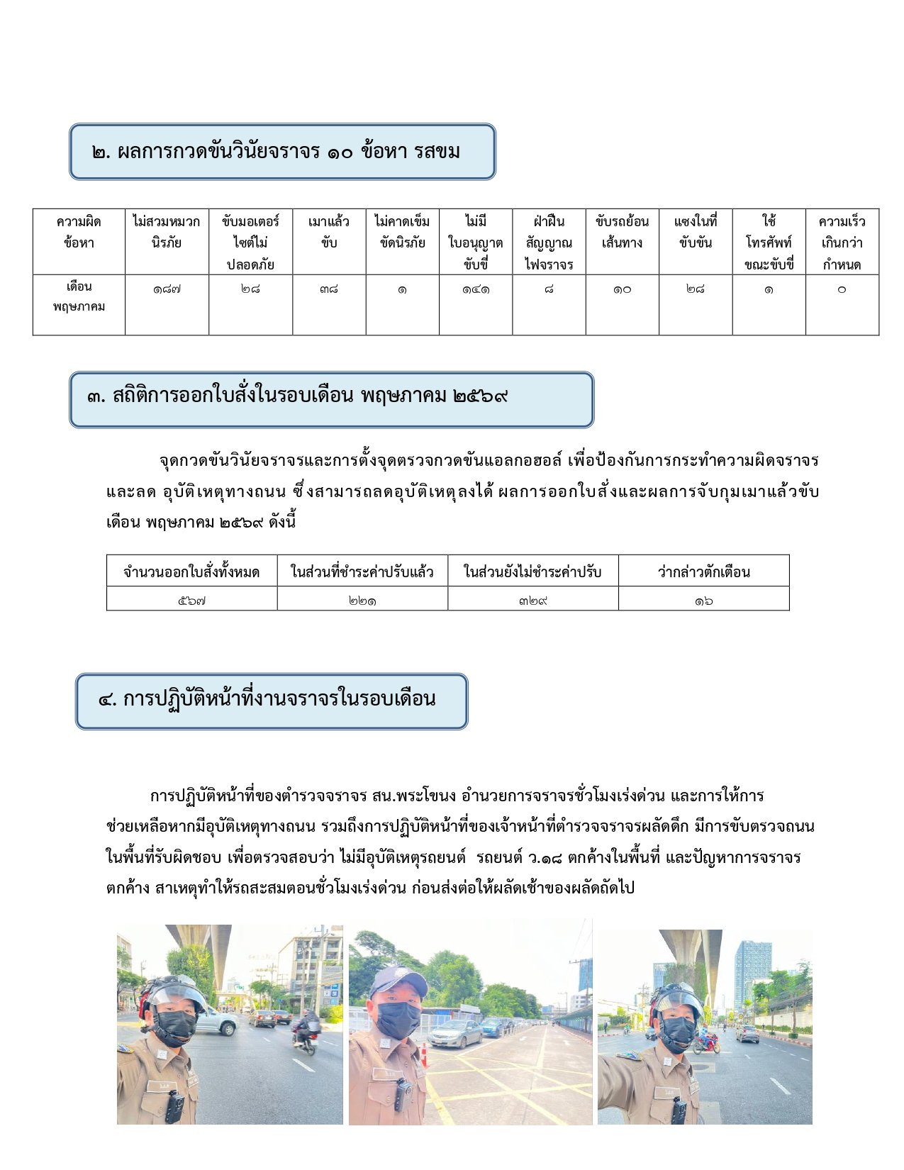 ผลการปฏิบัติงานของฝ่ายจราจร ห่วงเดือน พฤษภาคม 2569