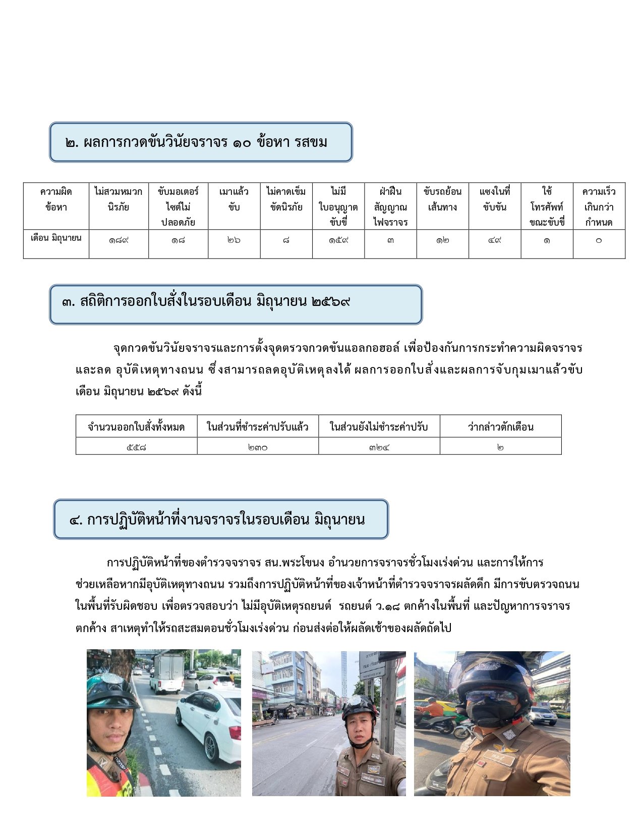 ผลการปฏิบัติงานของฝ่ายจราจร ห่วงเดือน มิถุนายน 2569