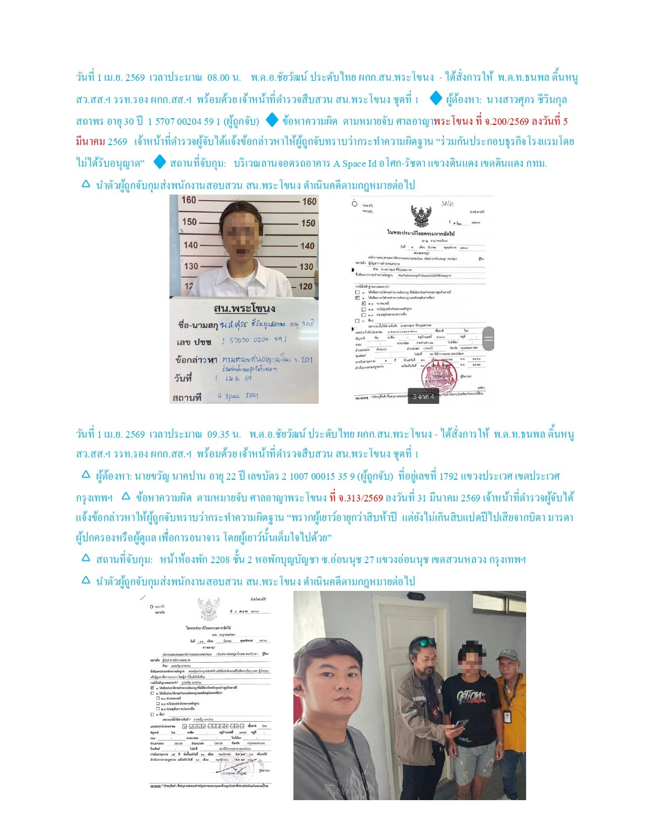 ผลการปฏิบัติงานของฝ่ายสืบสวน ห่วงเดือน เมษายน 2569