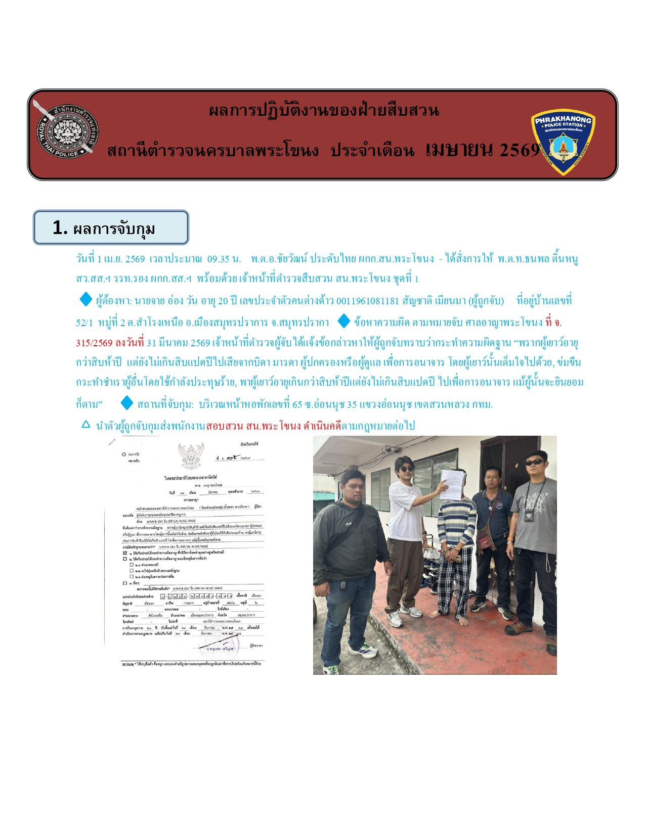 ผลการปฏิบัติงานของฝ่ายสืบสวน ห่วงเดือน เมษายน 2569