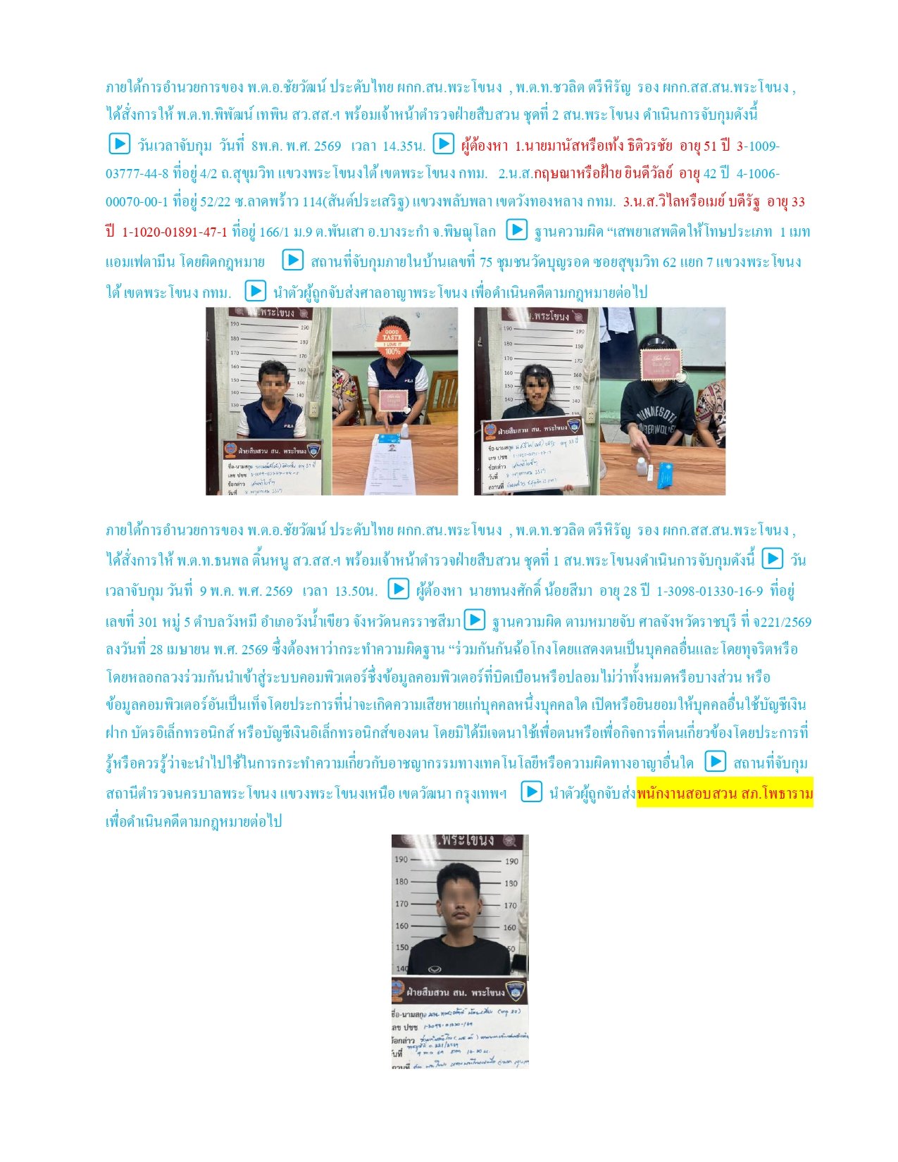 ผลการปฏิบัติงานของฝ่ายสืบสวน ห่วงเดือน พฤษภาคม 2569